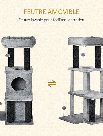 Arbre à chat boule suspendue, à ressort 2 niches amovibles plateformes gris