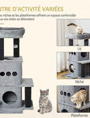 Arbre à chat boule suspendue, à ressort 2 niches amovibles plateformes gris