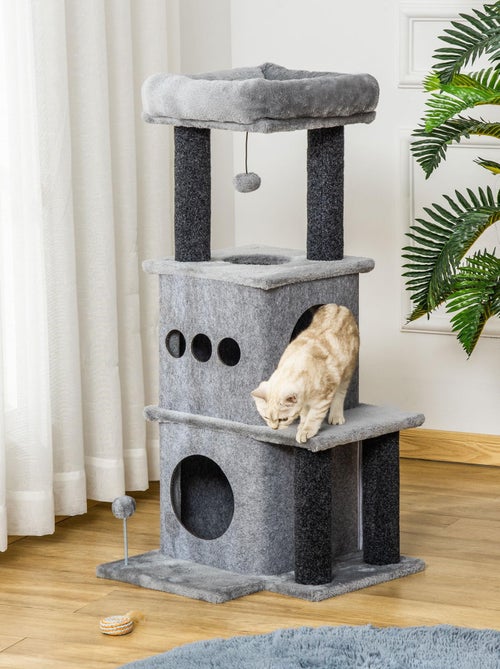 Arbre à chat boule suspendue, à ressort 2 niches amovibles plateformes gris - Kiabi