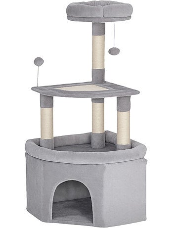 Arbre à chat d'angle h.114cm griffoirs grattoir grande niche plateformes gris