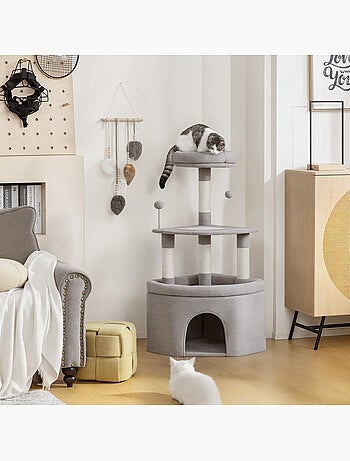 Arbre à chat d'angle h.114cm griffoirs grattoir grande niche plateformes gris