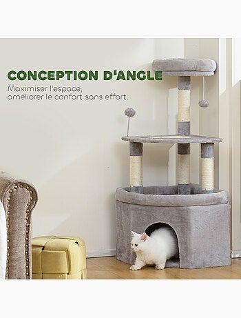 Arbre à chat d'angle h.114cm griffoirs grattoir grande niche plateformes gris