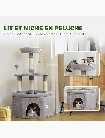 Arbre à chat d'angle h.114cm griffoirs grattoir grande niche plateformes gris