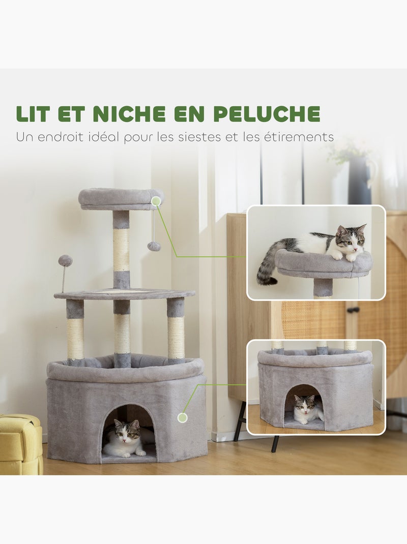Arbre à chat d'angle h.114cm griffoirs grattoir grande niche plateformes gris Gris - Kiabi