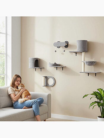 Arbre à chat design mural parcours mural pour chat 5 pièces crème gris