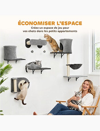 Arbre à chat design mural parcours mural pour chat 5 pièces crème gris