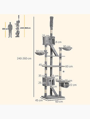 Arbre à chat design xxl réglable h.240-260 cm multi-équipement gris