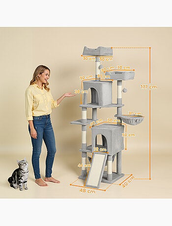 Arbre à chat grande taille h.177cm équipements multiples gris clair