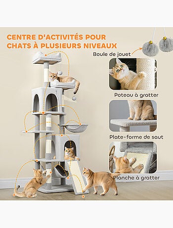 Arbre à chat grande taille h.177cm équipements multiples gris clair