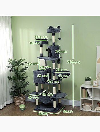 Arbre à chat grande taille h.206 cm multi-équipement gris