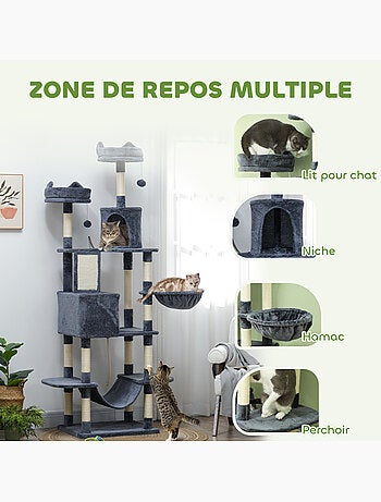 Arbre à chat grande taille h.206 cm multi-équipement gris