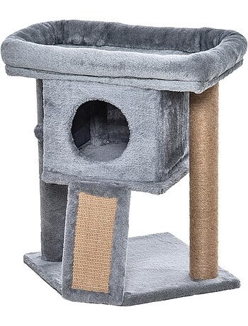 Arbre à chat grattoir griffoir niche panier boule peluche gris