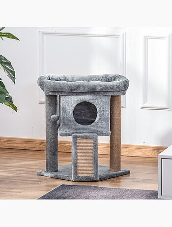 Arbre à chat grattoir griffoir niche panier boule peluche gris