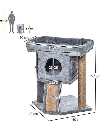 Arbre à chat grattoir griffoir niche panier boule peluche gris