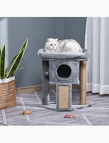 Arbre à chat grattoir griffoir niche panier boule peluche gris