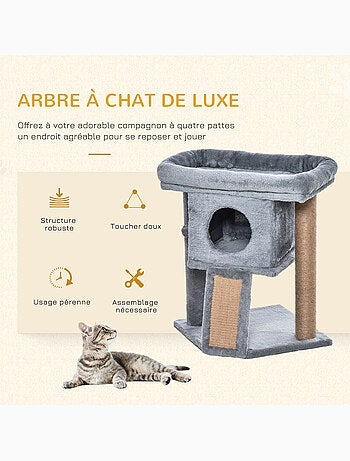 Arbre à chat grattoir griffoir niche panier boule peluche gris