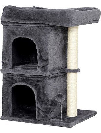 Arbre à chat griffoir 2 niches grande plateforme panier d'observation boule ressort gris