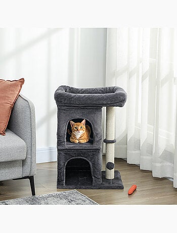 Arbre à chat griffoir 2 niches grande plateforme panier d'observation boule ressort gris