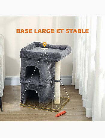 Arbre à chat griffoir 2 niches grande plateforme panier d'observation boule ressort gris