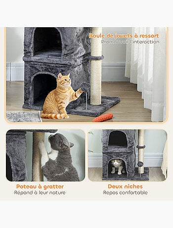 Arbre à chat griffoir 2 niches grande plateforme panier d'observation boule ressort gris