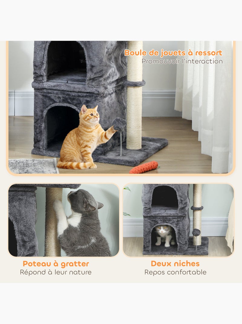 Arbre à chat griffoir 2 niches grande plateforme panier d'observation boule ressort gris Gris - Kiabi