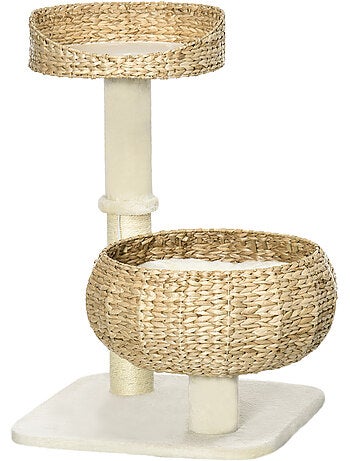 Arbre à chat griffoir 2 niveaux hauteur 72 cm 1 balle suspendue beige