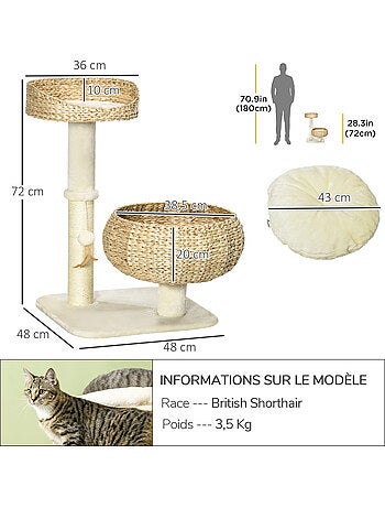 Arbre à chat griffoir 2 niveaux hauteur 72 cm 1 balle suspendue beige