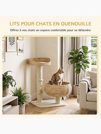 Arbre à chat griffoir 2 niveaux hauteur 72 cm 1 balle suspendue beige