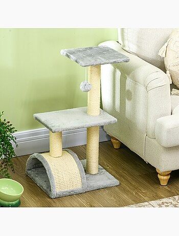 Arbre à chat griffoir grattoir peluche sisal naturel gris clair