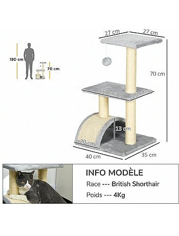 Arbre à chat griffoir grattoir peluche sisal naturel gris clair