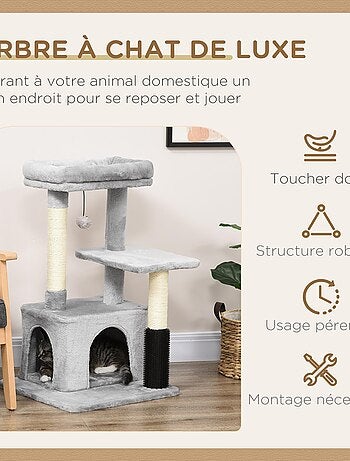Arbre à chat griffoir massant niche plateformes jeu boule gris