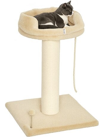 Arbre à chat griffoir plateforme corde escalade boule ressort peluche beige