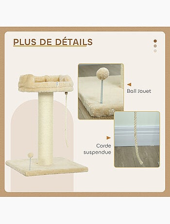 Arbre à chat griffoir plateforme corde escalade boule ressort peluche beige