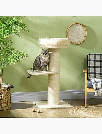 Arbre à chat griffoir sisal naturel peluche beige