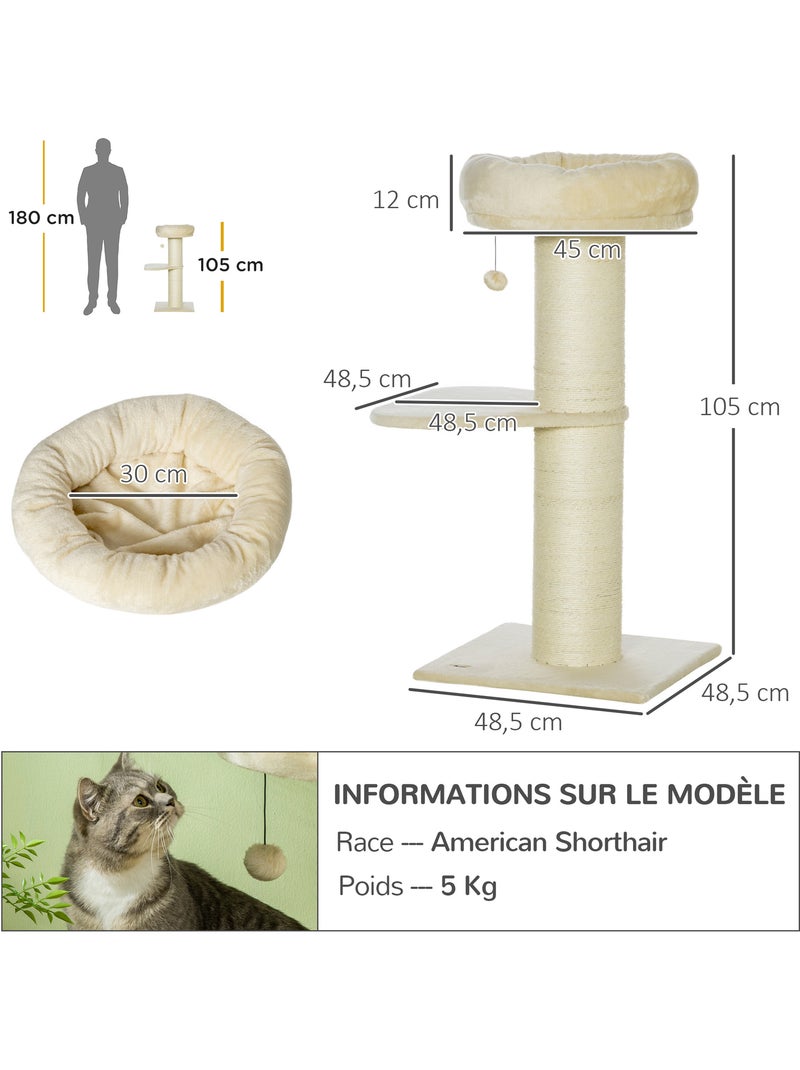 Arbre à chat griffoir sisal naturel peluche beige Beige - Kiabi