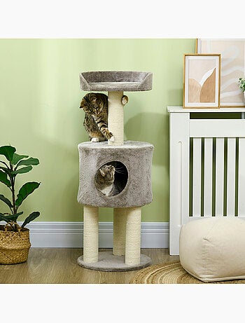 Arbre à chat griffoirs niche plateforme peluche grise