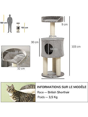 Arbre à chat griffoirs niche plateforme peluche grise
