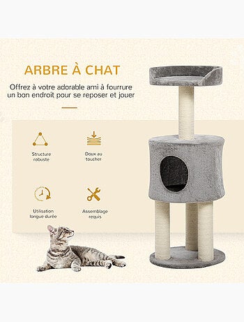 Arbre à chat griffoirs niche plateforme peluche grise