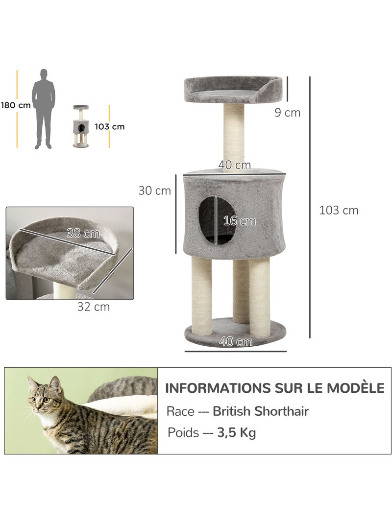 Arbre à chat griffoirs niche plateforme peluche grise Gris - Kiabi