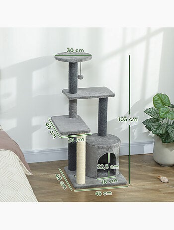 Arbre à chat gris niche 3 plateformes griffoir boule