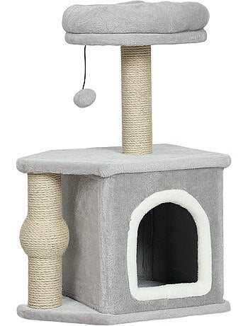 Arbre à chat h.66 cm poteaux à griffer jute plateforme balle gris