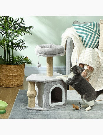 Arbre à chat h.66 cm poteaux à griffer jute plateforme balle gris