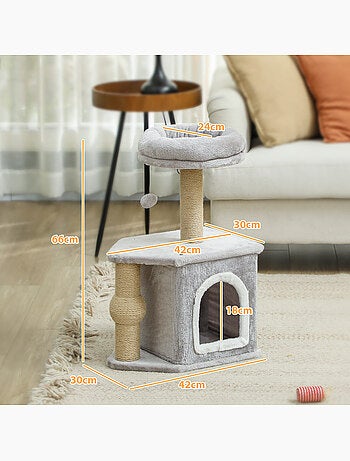 Arbre à chat h.66 cm poteaux à griffer jute plateforme balle gris