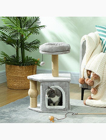 Arbre à chat h.66 cm poteaux à griffer jute plateforme balle gris
