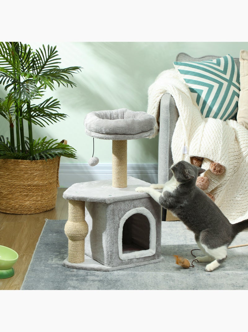 Arbre à chat h.66 cm poteaux à griffer jute plateforme balle gris Gris - Kiabi