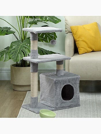 Arbre à chat h.81cm niche 3 griffoirs 2 plateformes jeu boule