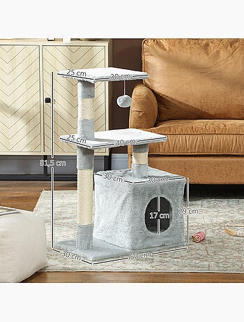 Arbre à chat h.81cm niche 3 griffoirs 2 plateformes jeu boule