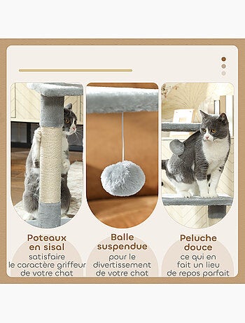 Arbre à chat h.81cm niche 3 griffoirs 2 plateformes jeu boule