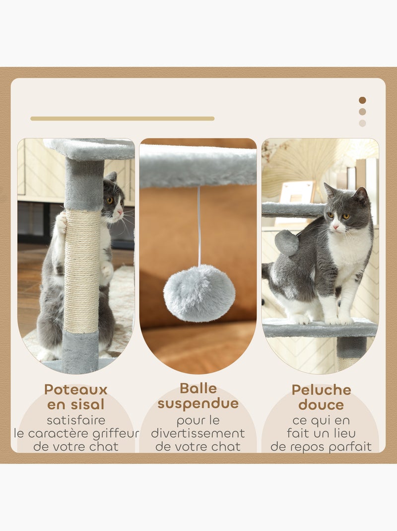 Arbre à chat h.81cm niche 3 griffoirs 2 plateformes jeu boule Gris - Kiabi