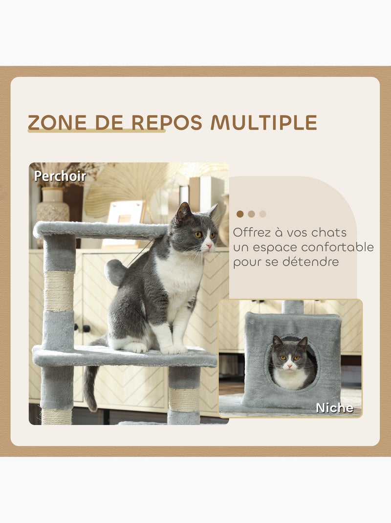Arbre à chat h.81cm niche 3 griffoirs 2 plateformes jeu boule Gris - Kiabi